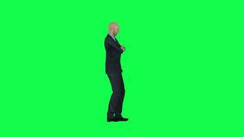 Bald man in formal suit waiting angrily left angle isolated green screen video