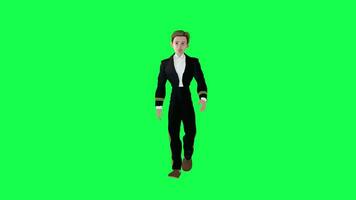 3d ragazzo servitore a piedi isolato verde schermo video