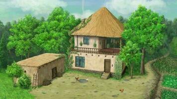 2d animation rural maison et magnifique la nature parmi forêt des arbres video