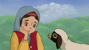 uma triste pequeno menina e uma fofa Cordeiro quem chamadas dela 2d animação video