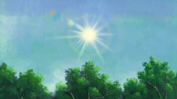 The sun in the sky above the forest trees 2D Animation video