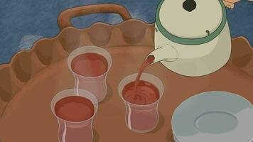 torrencial caliente té dentro un vaso y un vaso desde un tetera 2d animación video