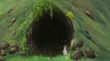 A wonderful cave with worms inside and a hare 2D Animation video