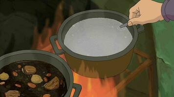 Cocinando comida arroz y estofado en madera fuego 2d animación video
