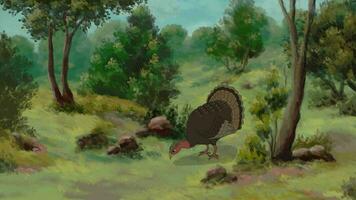A turkey grazing in the forest 2D Animation video