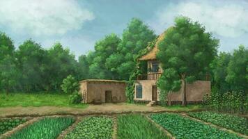 een vogel vliegend naar een dorp huis in de Woud en boerderij 2d animatie video