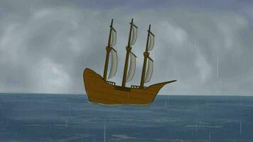 A ship moving in a stormy ocean and thunder 2D Animation video