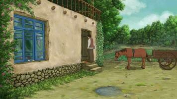 un pueblo casa con un caballo y un hombre entrando el casa 2d animación video