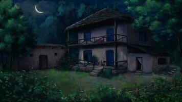 mooi dorp huis in de Woud natuur Bij nacht 2d animatie video