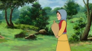 un arcilla jarra en pequeño muchachas mano caminando entre el bosque 2d animación video