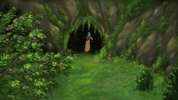 2d animação uma menina diz Tchau dentro uma lindo área e corre para dentro a caverna video