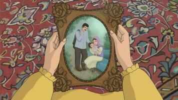 An old souvenir photo frame in the girl's hand 2D Animation video