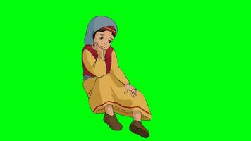 Green screen animation A sad and upset girl sitting on the floor Chroma key video