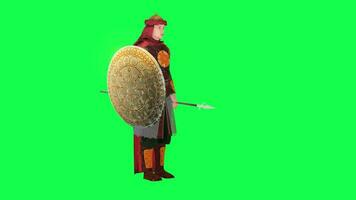 Ancient Iranian soldier with shield and spear talking isolated left angle green video