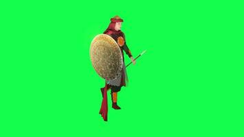 Ancient Iranian soldier with shield and spear walking isolated left angle green video