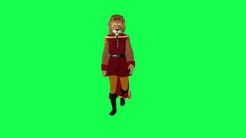 3d animated lion in red dress and cape walking front angle isolated green screen video