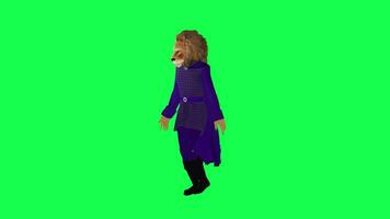 Lion king in purple walking with joy from right angle on green screen video