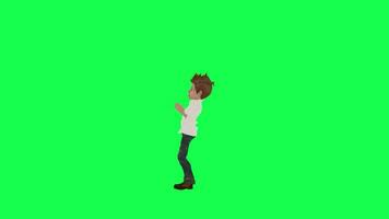 3d cute boy in white shirt and jeans praying isolated right angle green screen video