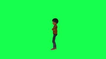 Green screen half-breed boy waiting angrily,isolated chroma key right angle video