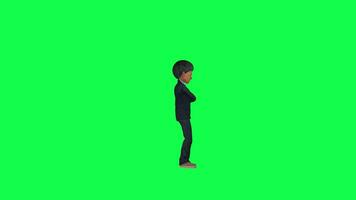 3d animated boy in formal suit waiting angrily, left angle green screen video