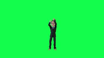 3d animated boy in formal suit cheering green screen front angle video