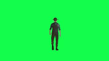 3d granjero hombre caminando espalda ángulo aislado verde pantalla video
