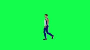 3d joven deporte hombre caminando Derecha ángulo verde pantalla video