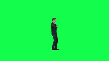 3d homme dans formel costume attendre en colère la gauche angle chrominance clé vert écran video