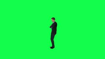3d uomo nel formale completo da uomo in attesa arrabbiato giusto angolo croma chiave verde schermo video