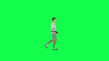 3d cartoon tourist man walking in the street left angle chroma key video