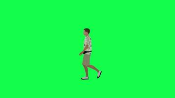 3d cartoon tourist man walking in the street right angle chroma key video