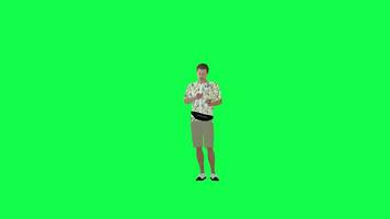 3d hawaiisch Tourist Mann Arbeiten mit berühren Bildschirm Vorderseite Winkel Grün Bildschirm video