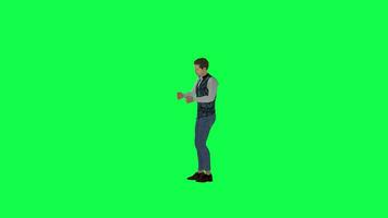 3d homme dans formel costume en jouant cartes, droite angle, vert écran video