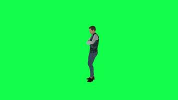 3d uomo nel formale completo da uomo in attesa rabbiosamente giusto angolo verde schermo video