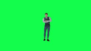 3d homme dans formel costume attendre avec colère angle orienté vers vert écran video