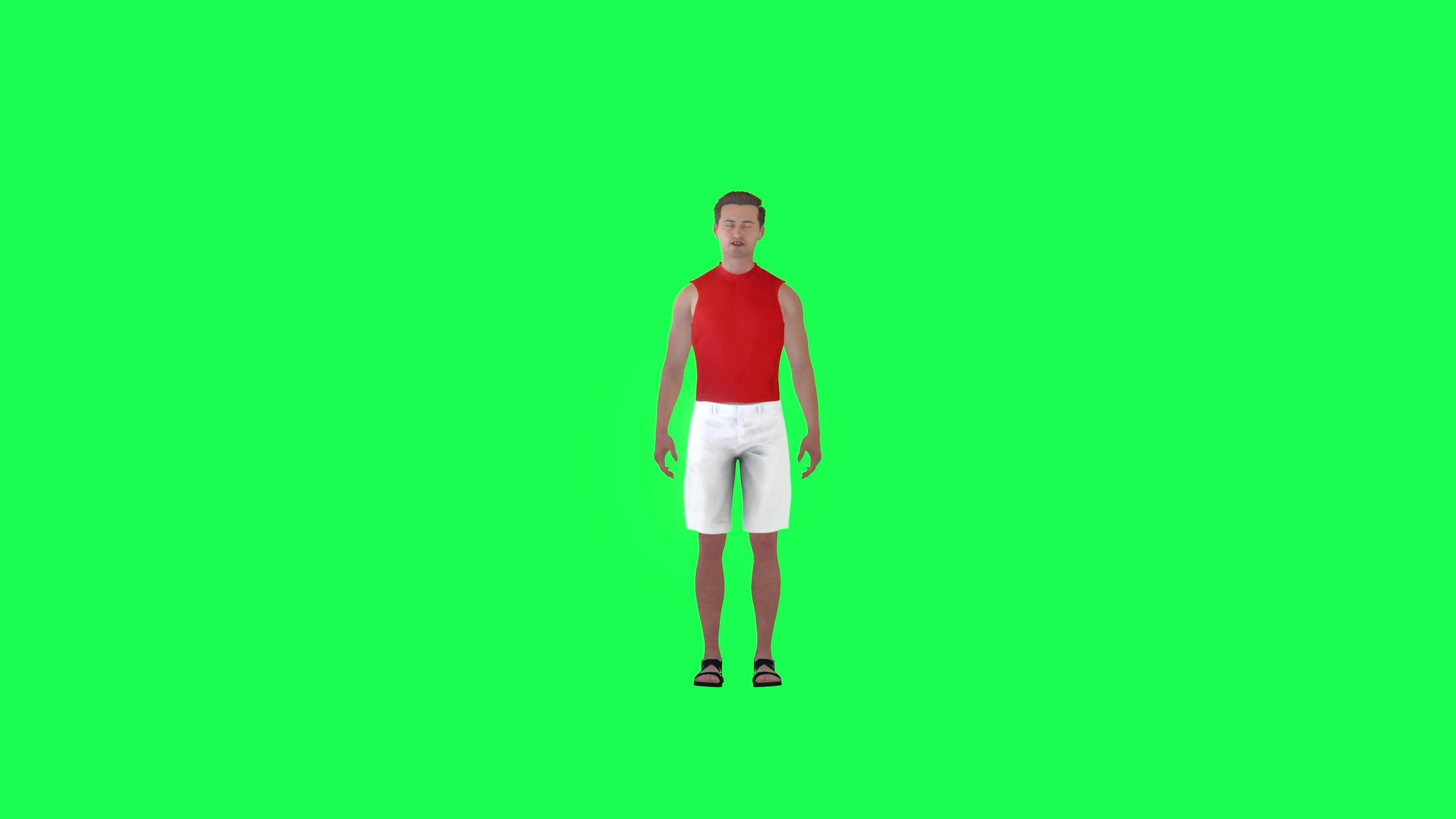 3d Handsome man in orange suit and white shorts talking green screen