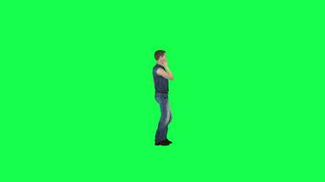 3d cartoon man in jeans talking on the phone left angle green screen video