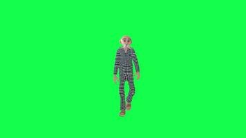 3d velho homem dentro pijamas andando, frente ângulo verde tela croma chave video
