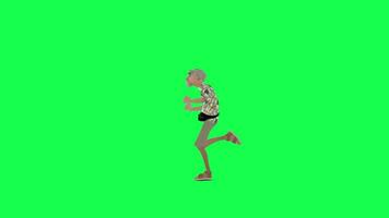 Green screen old tourist man treadmill running, right angle chroma key video