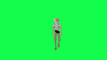 Green screen old tourist man walking chroma key, front angle video