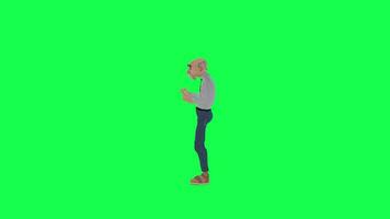 Green screen thin old man using touchscreen, right angle chroma key video