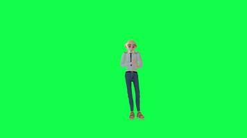 Green screen thin old man using touchscreen, front angle chroma key video