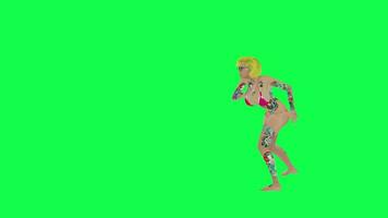 cheio tatuado sexy Loiras mulher dentro Rosa bikini fazendo frango dança, esquerda ângulo video