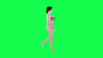 Hot woman with brown hair in England flag bikini walking isolated right angle video