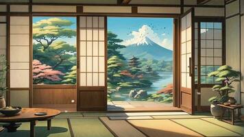 AI generated Japanese house room with beautiful nature view with open door. Seamless looping time-lapse virtual video animation background