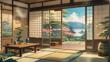 AI generated Japanese house room with beautiful nature view with open door. Seamless looping time-lapse virtual video animation background