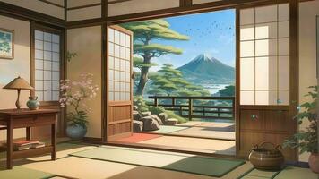 AI generated Japanese house room with beautiful nature view with open door. Seamless looping time-lapse virtual video animation background