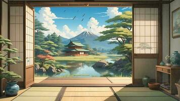 AI generated Japanese house room with beautiful nature view with open door. Seamless looping time-lapse virtual video animation background