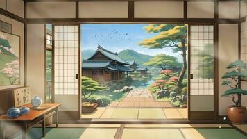 AI generated Japanese house room with beautiful nature view with open door. Seamless looping time-lapse virtual video animation background