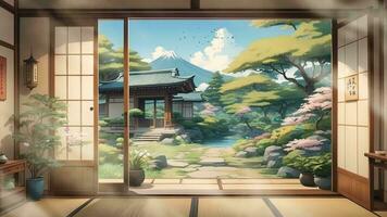 AI generated Japanese house room with beautiful nature view with open door. Seamless looping time-lapse virtual video animation background